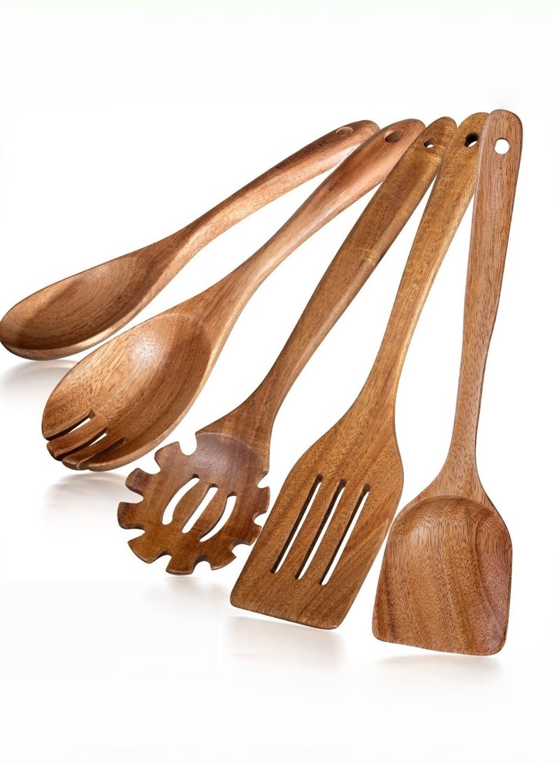 5-Piece Wooden Spoons for Cooking -  Kitchen Utensil Set made of Natural Solid Wood Material - Includes Salad Spoons, Spaghetti Spoon,Slotted Spatula, Salad Fork, Flat Spatula - Image 1